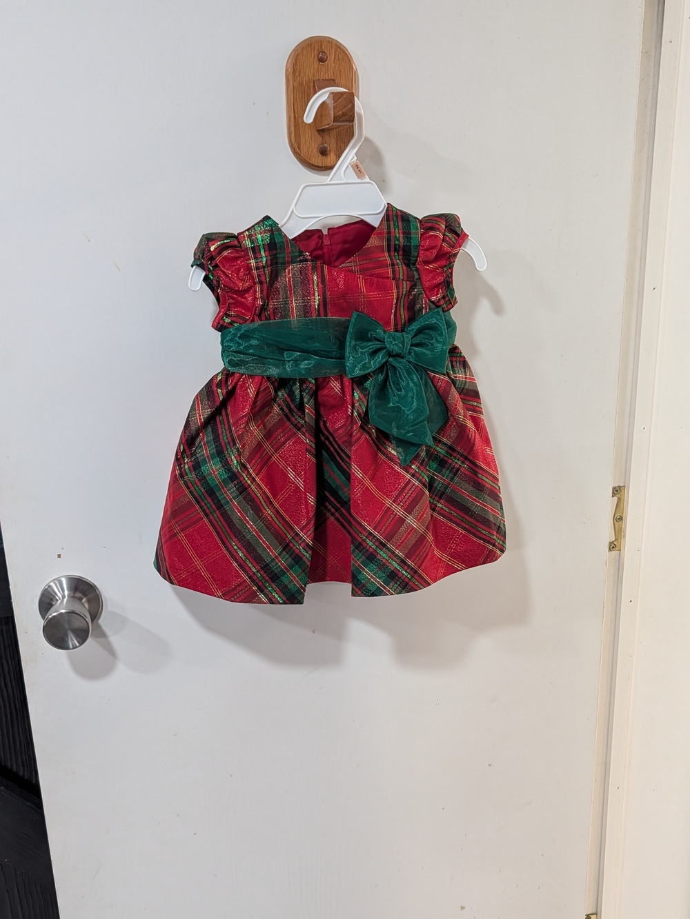 Bonnie Baby Red and Green Plaid Dress with Green Bow Nwot